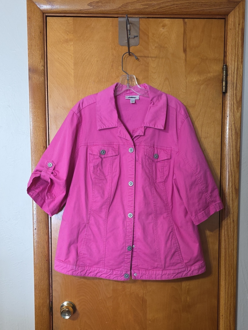 dressbarn Bright Pink Short-Sleeve Jean Jacket